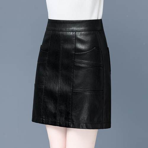 腰品牌小皮裙皮短裙秋冬时尚高显皮瘦绵真羊一步66658裙包臀半身 - 图1
