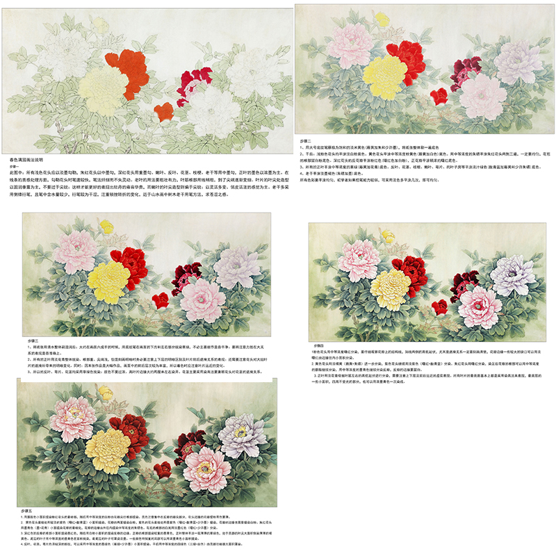 [有步骤】工笔画打印白描底稿李晓明横幅牡丹初学者临摹宣纸过稿