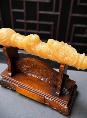 天然玉石龙纹米黄玉毛笔摆件