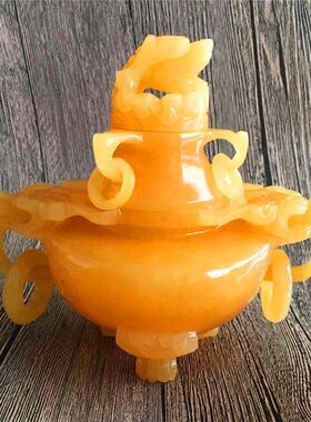 天然玉石摆件米黄玉香炉摆件花熏玉石雕刻三足鼎装饰品  择优配货