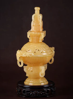 天然米黄玉手工雕刻花熏摆件中式禅意客厅玄关办公创意香炉装饰品