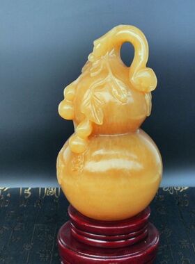手工雕刻天然玉石米黄玉葫芦摆件手工风水桌面平安客厅纳福工艺品