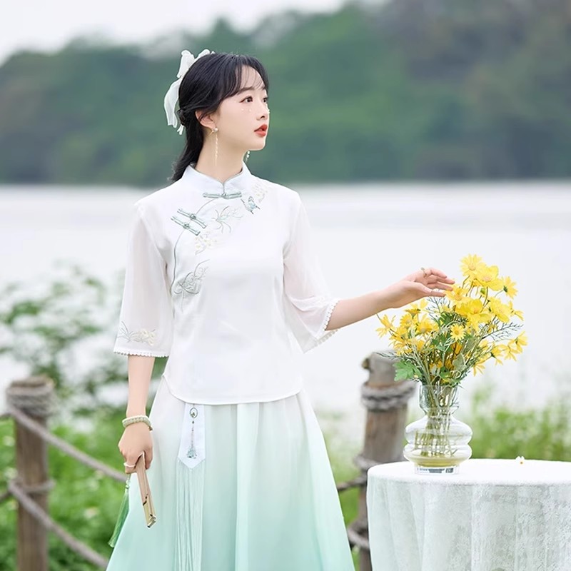 新中式民国风日常汉服套装少女学生改良旗袍上衣半身裙两件套茶服 - 图0