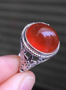 精品保山南红925银镶嵌冰红戒指玛瑙手串项链挂件男女款饰品