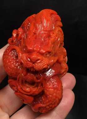 瓦西南红玛瑙龙手把件柿子红玫瑰红双色满色满肉吊坠摆件霸气