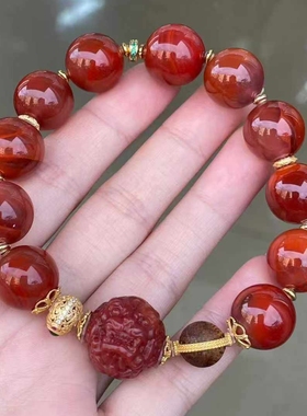 南红玛瑙瓦西料DIY手链柿子红色13㎜男女款玉石原创设计手工