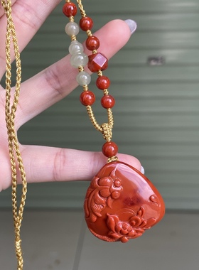 川料南红玛瑙牛血红年年有余吊坠项链珠宝古玩 男女原创手工编织