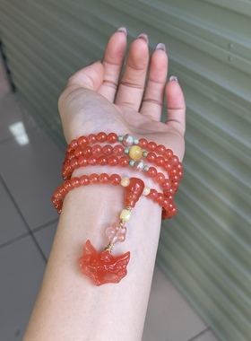 川料南红樱桃红狐狸面具吊坠长链锁骨链吊坠挂件男女款单圈玉石