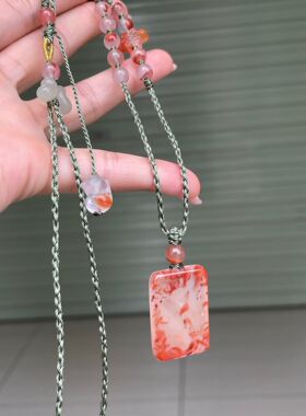 川料南红玛瑙特色飘花无事牌吊坠项链锁骨链男女款收藏精美饰品