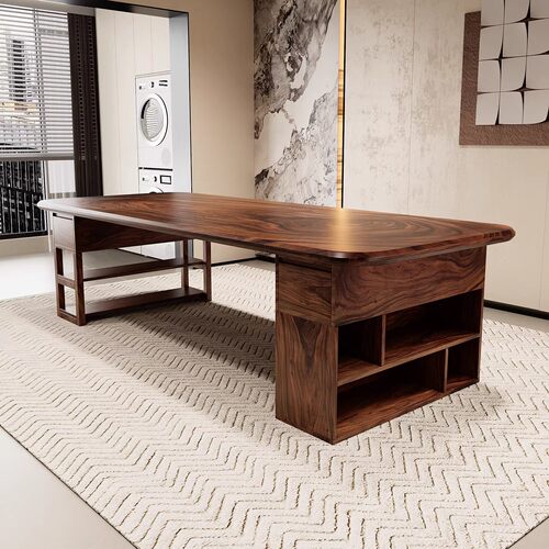 德国整板南美胡桃木客厅实木带抽屉书桌书架一体桌写字桌办公桌 - 图3