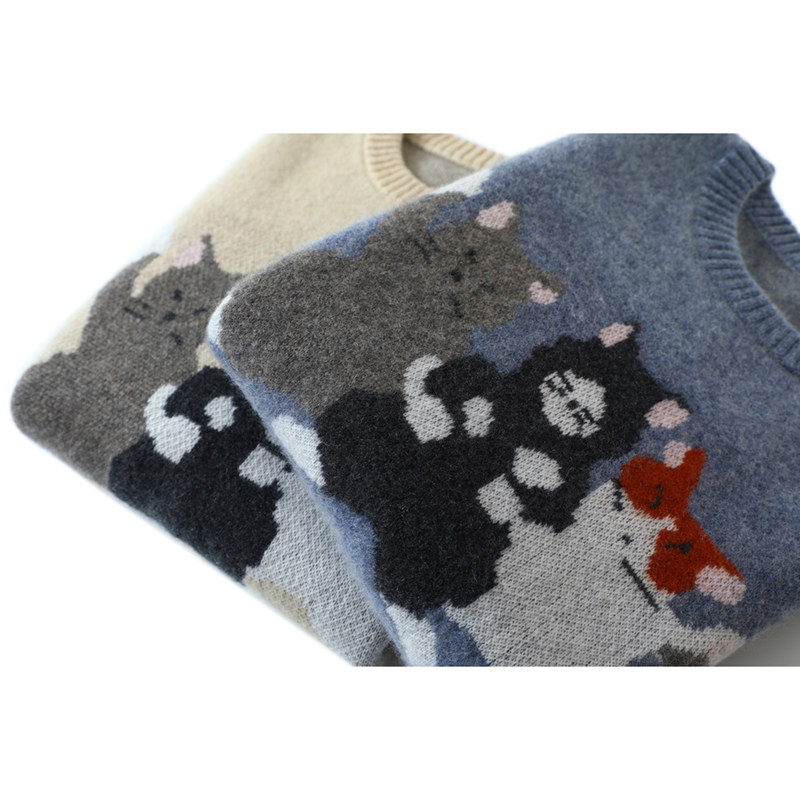 心情愉悦~萌趣三只喵纯山羊绒衫女100纯羊绒毛衣圆领秋冬季加厚,淘宝优惠券,粉丝福利购,淘宝优惠卷