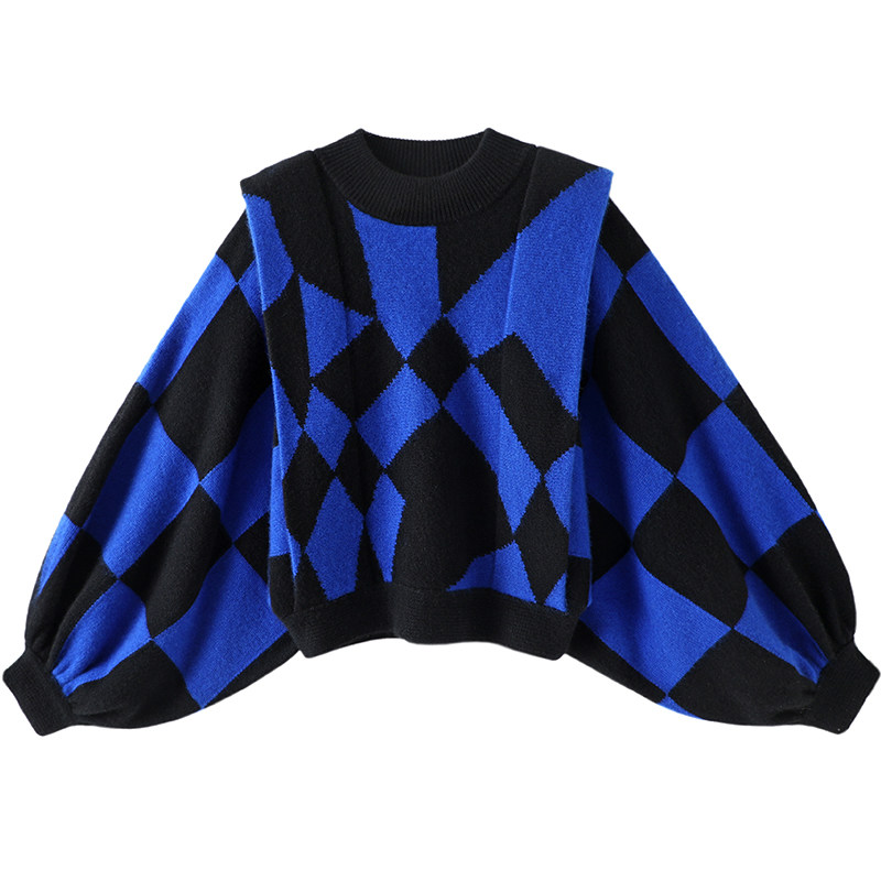 女神归来！复古黑色菱格造型灯笼袖大克重羊绒衫毛衣女2023冬厚,淘宝优惠券,粉丝福利购,淘宝优惠卷
