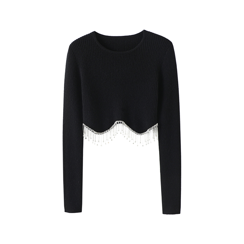 舞台千金风！手工流苏钻圆领羊绒衫女短款纯羊绒毛衣修身针织衫,淘宝优惠券,粉丝福利购,淘宝优惠卷