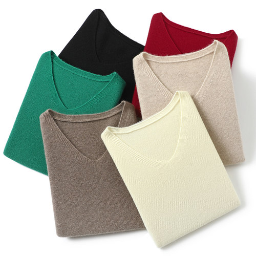 穿搭很抬气！气质反针~V领羊绒衫女纯羊绒毛衣套头针织打底衫秋冬 - 图0