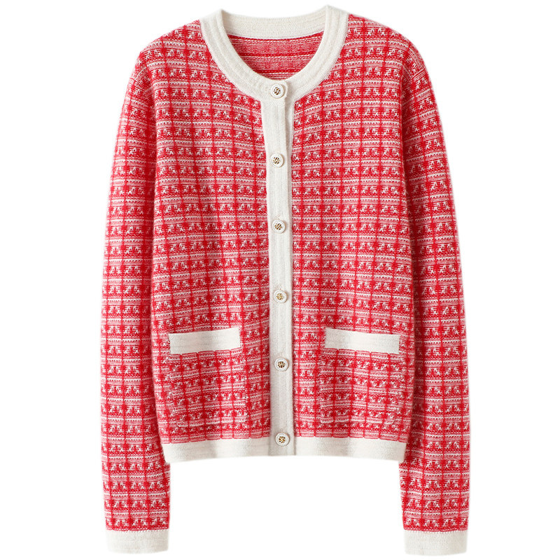 启超官方正品！法式香调！加厚撞色100%纯羊绒开衫女小香风针织衫,淘宝优惠券,粉丝福利购,淘宝优惠卷