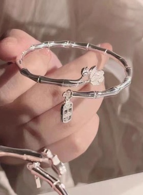 新款竹节手镯女平安吊坠莲花开口