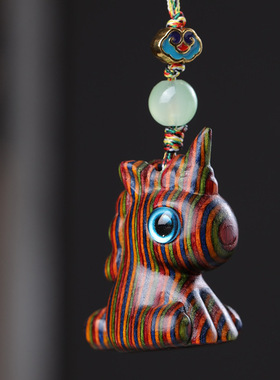 彩虹木雕彩色独角兽吊坠