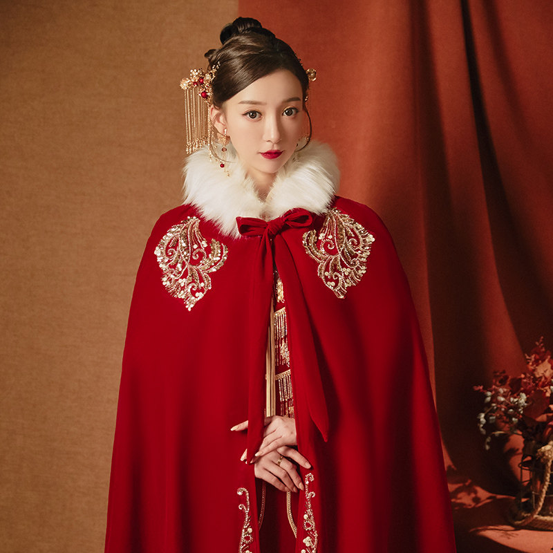 秀禾服结婚披风红色冬季新娘毛披肩 依鸾围巾/丝巾/披肩