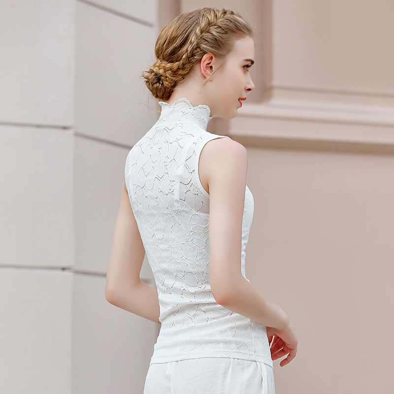 欧美春秋半高领无袖蕾丝洋气打底衫 悦吻蕾丝衫/雪纺衫