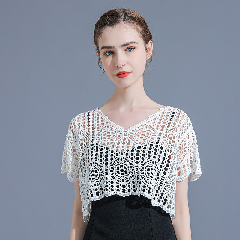 棉质钩花镂空套头女夏短款小坎肩 悦吻蕾丝衫/雪纺衫