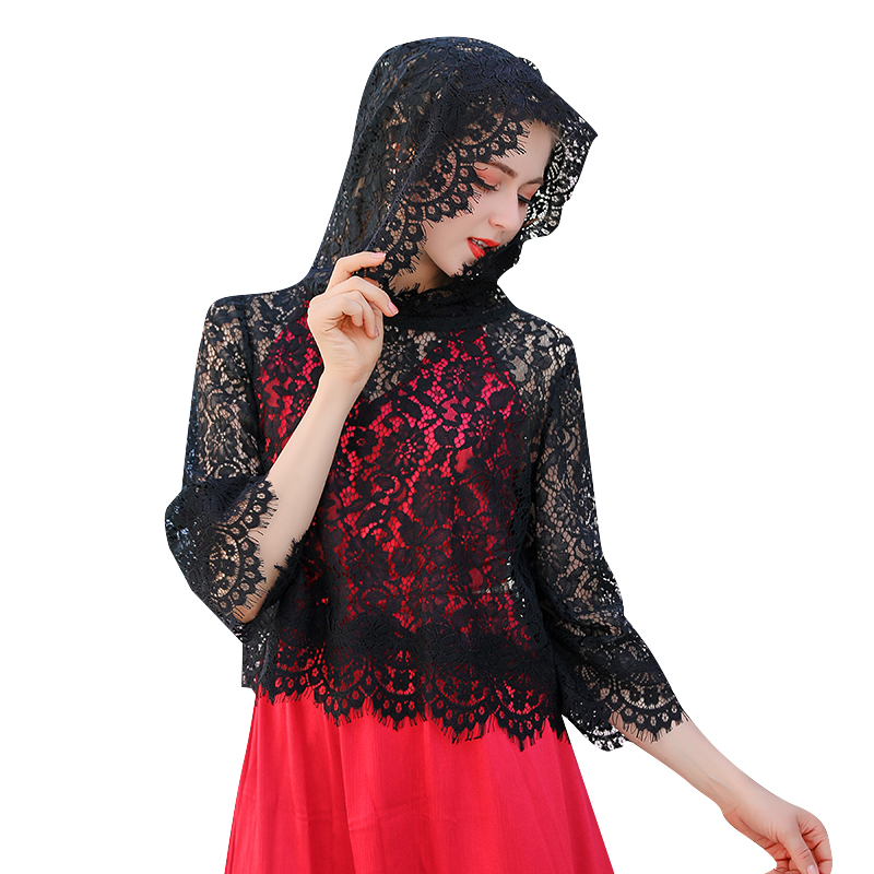 连帽女短外套套头蕾丝小披肩防晒衣 悦吻短外套