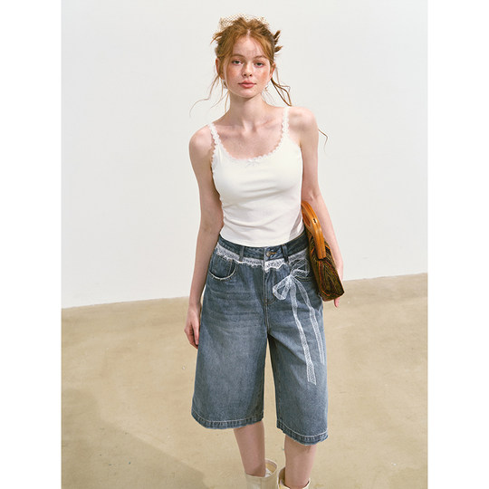 SOMESOWE imitation lace wide-leg denim midi pants