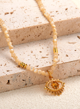 法国cherry kittys925银黄贝黄水晶彩宝项链女时尚潮流恶魔之眼吊