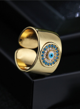 法国cherry kitty  18k金电镀铜微镶11mm宽开口恶魔之眼戒指女