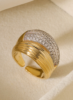 法国cherry kitty 欧美ins风简约轻奢双色电镀锆石几何开口戒指