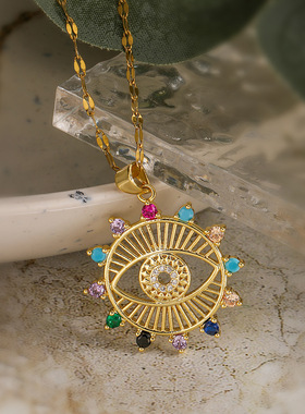 法国cherry kitty 铜镀锆石太阳吊坠项链女ins小众镂空恶魔之眼