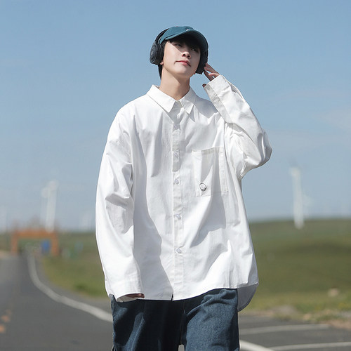 BDLS工作室文艺男女店港风情侣款春白色百搭纯色长袖衬衫宽松衬衣 - 图0