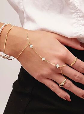 Lucky Leaf Finger Chain Ring Bracelet for Women 14K Gold Pla