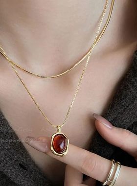 Vintage Brown Natural Stone Pendant Necklace for WomenGeomet