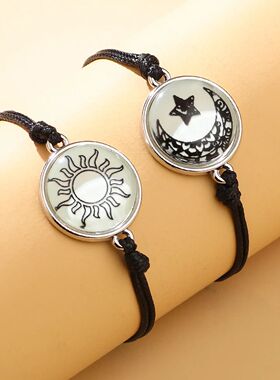 New Moon and Sun Love Time Gem Glow Couple Bracelet - Hand-w