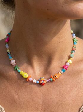 Beach Style Colorful Ceramic Fish Starfish Choker Necklace F