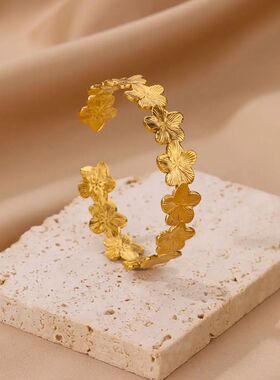 Flower Cuff Bracelet Bangle for Women Gold Color Flora Stain