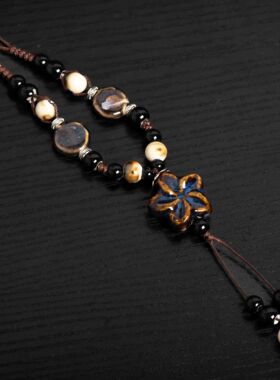 Round Star Handmade Ceramic Necklace Pendant in Gem Blue Boh