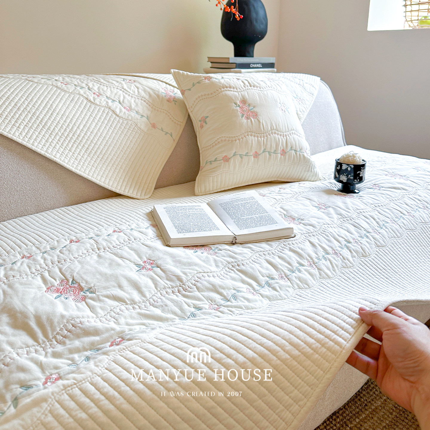 蔓越家 少女心玫瑰绣花全棉沙发垫纯棉沙发套罩靠背巾坐垫子盖布,淘宝优惠券,粉丝福利购,淘宝优惠卷