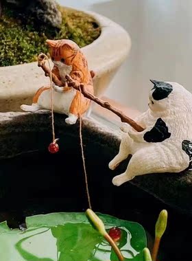 鱼缸钓鱼猫悬挂创意造景摆件桌面适用钓鱼好天气迷你装饰微景观