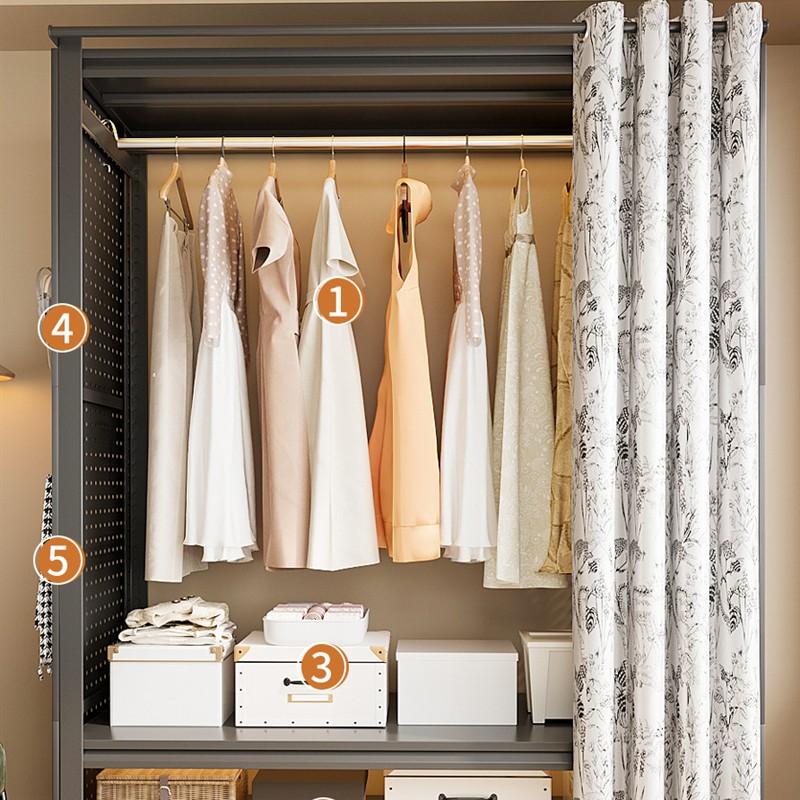 货架衣柜家庭卧室出租房间简单组装钢防尘窗帘挂衣柜孔板衣帽间 - 图0