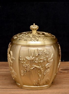 黄铜米缸守财带盖百福缸纯铜聚宝盆缸聚财带盖茶叶罐高档招米摆件