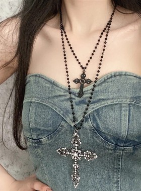 多层叠戴十字架珍珠项炼女锁骨炼chocker配饰毛衣炼长版夸张饰品