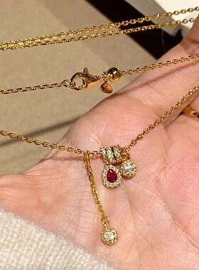 小红书爆款法式复古红宝水滴坚果项链小众百搭时尚锁骨链