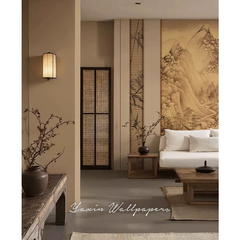 山水中式宋式美学复古壁纸茶室古典背景墙定制壁画无纺布墙布墙纸,淘宝优惠券,粉丝福利购,淘宝优惠卷