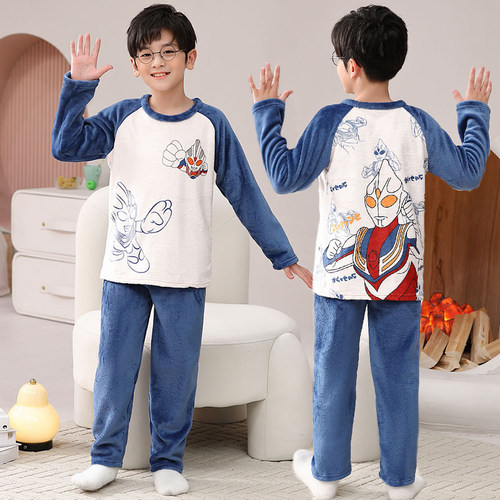 男童珊瑚绒睡衣秋冬装加绒加厚中大童可爱卡通家居服儿童保暖套装 - 图1