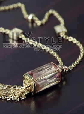 饰品香槟色方形水晶流苏吊坠项链