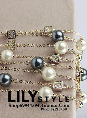 水晶百搭多层镶钻珍珠长款毛衣链