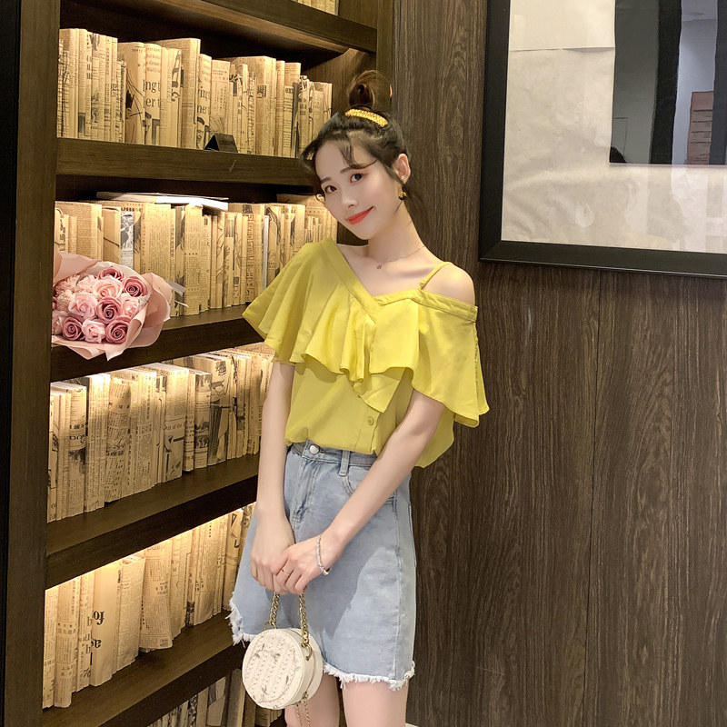 很仙的洋气荷叶袖女2020夏雪纺衫 喵裳蕾丝衫/雪纺衫