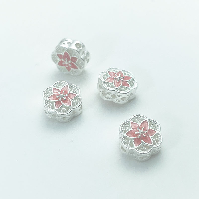 S925纯银滴油珐琅彩桃花花朵隔珠转运珠手工DIY珍珠项链串珠串饰,淘宝优惠券,粉丝福利购,淘宝优惠卷