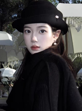黑色赫本风羊毛呢千金帽子女秋冬